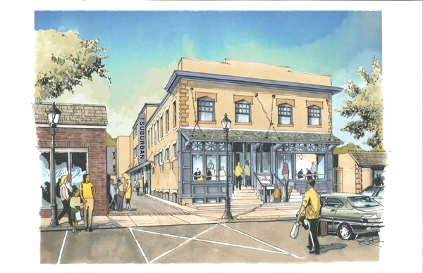 Rendering of exterior facade restoration, with new alley entrance.